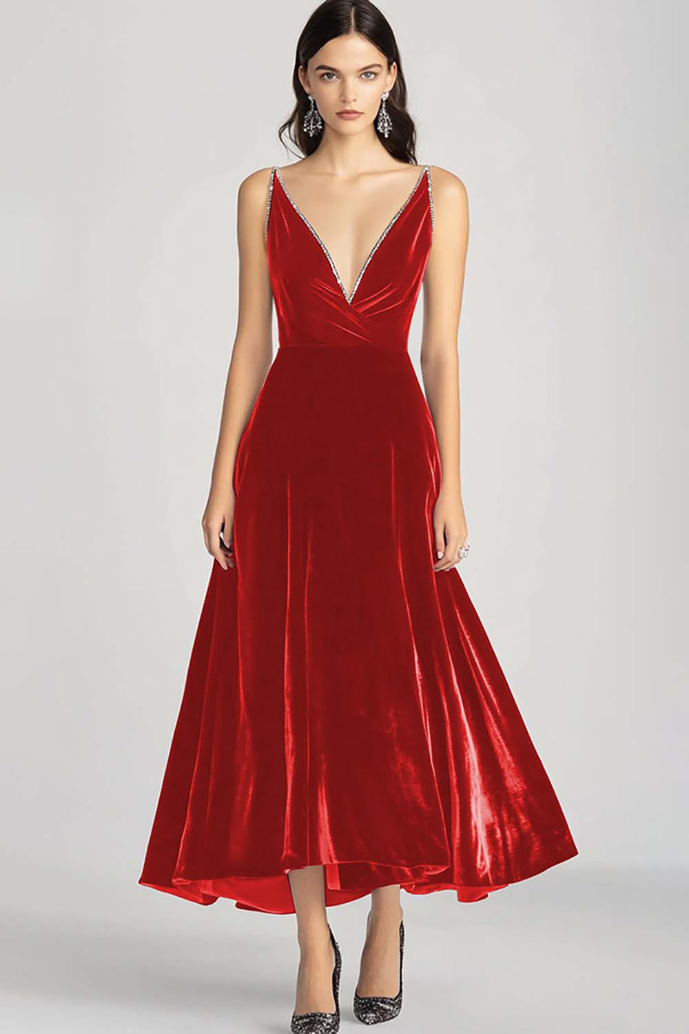 Velvet Beaded V Neck Tea-Length Burgundy Formal Dress - Image 12