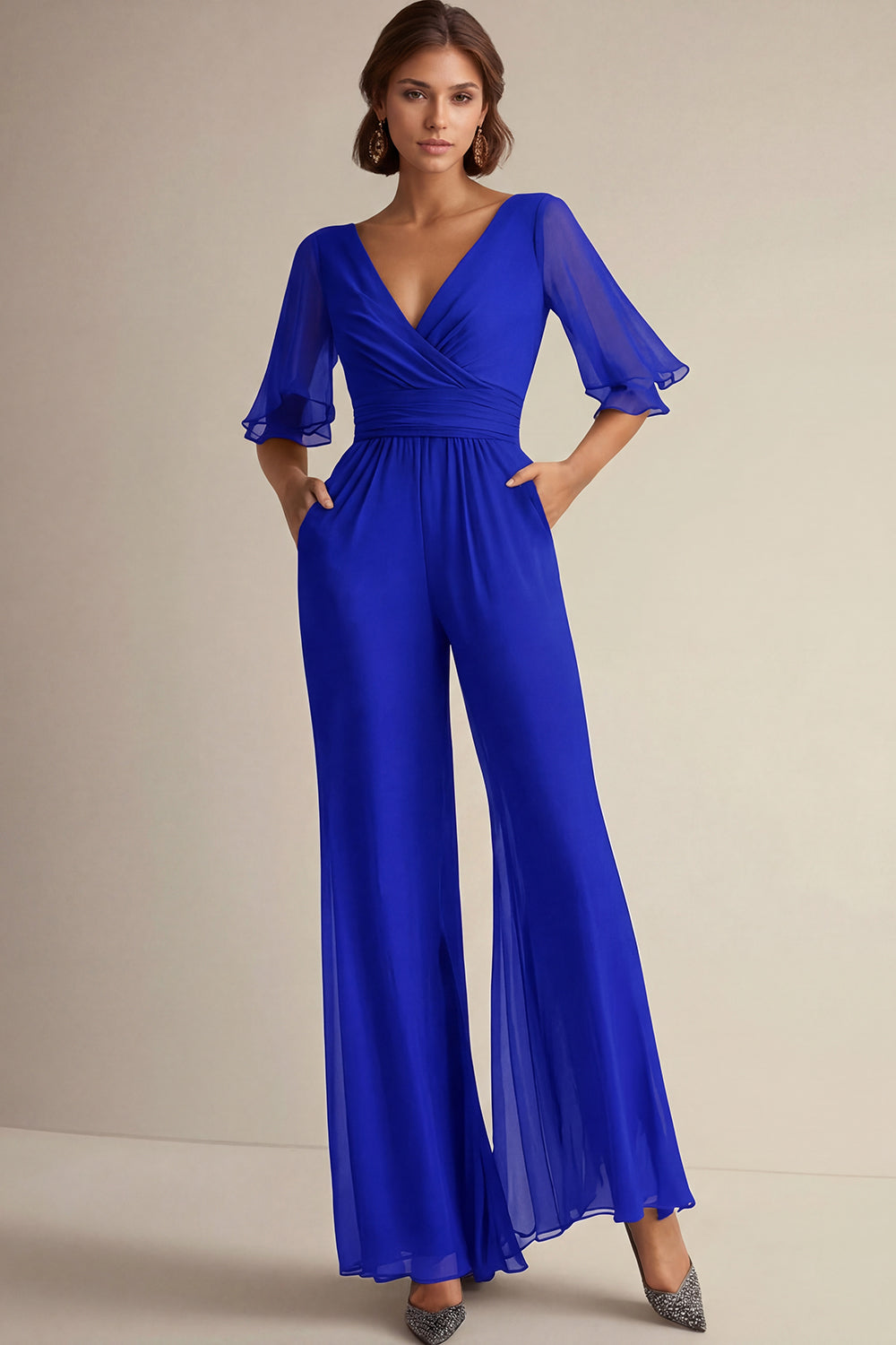 V Neck Navy Mother of the Bride Jumpsuit with Short Sleeves - Image 10
