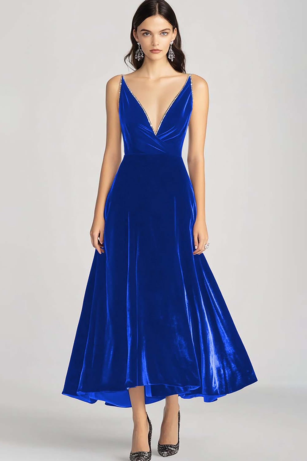 Velvet Beaded V Neck Tea-Length Burgundy Formal Dress - Image 13